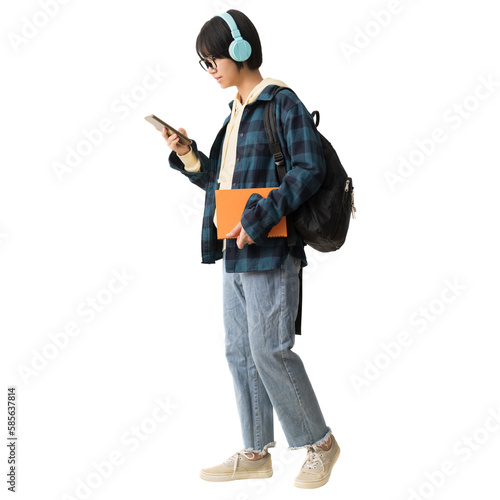 full body portrait young Asian teen girl holding smart phone and wearing headphones, isolated on white and transparent background
