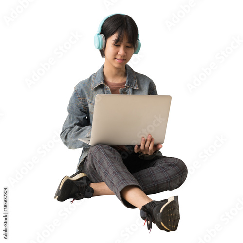 full body portrait young Happy Asian teen girl siting holding laptop computer, isolated on white and transparent background