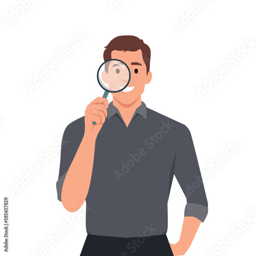Portrait of young hipster man looking through magnifying glass. Bearded trendy person holding magnifier. Male character design illustration