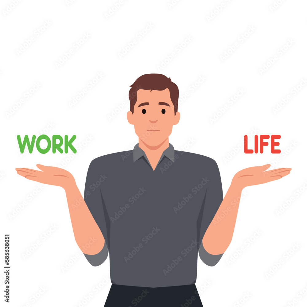 Vector flat linear illustration - work and life balance concept - man choosing between business and personal Vector flat linear illustration - work and life balance concept - man choosing between business and personal