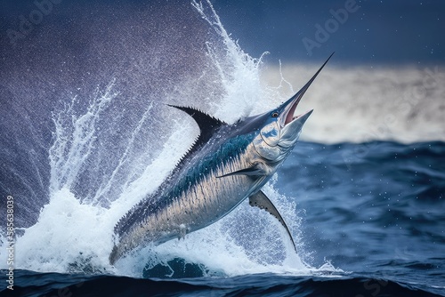 Fotografie, Obraz marlin jumping out of water to catch its next meal, created with generative ai