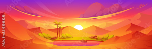 Sunrise in Egyptian desert vector landscape. Oasis in Dubai sand with lake  palm and stone cartoon background. Sahara heat summer scene with sun and drought terrain illustration for adventure game.
