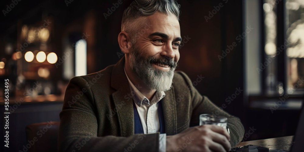 Smiling Businessman Using Laptop at Coffee Shop Generative AI