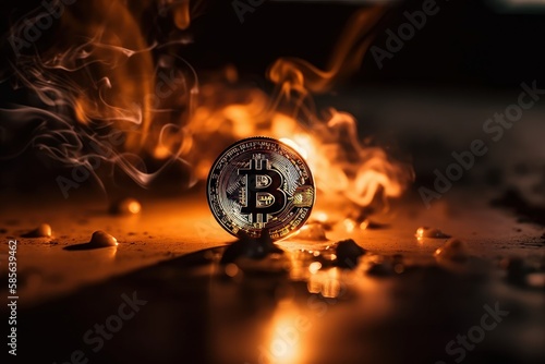 Burning bitcoin background, Crypto currency investment concept. Generative Ai photo