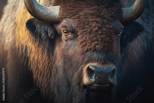 Bison, close-up muzzle of horned artiodactyl animal. Generative AI