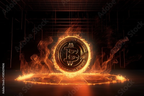 Burning bitcoin background, Crypto currency investment concept. Generative Ai photo