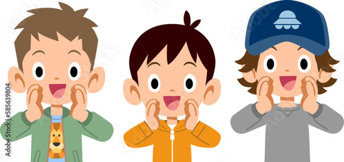 呼びかける三人の小学生男子の上半身
