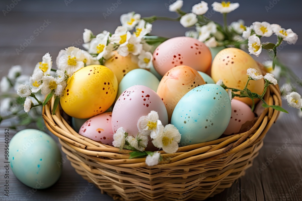 easter eggs in a basket with flowers , ai generated