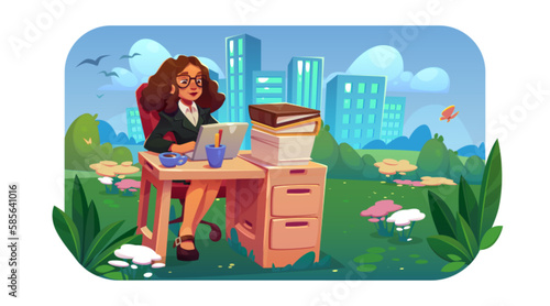 Outdoor office with woman working on laptop at table on lawn. Summer landscape with green grass, city, girl sitting at desk with notebook and paperwork, vector cartoon illustration