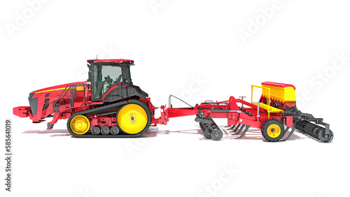 Farm Tractor with Seed Drill 3D rendering on white background