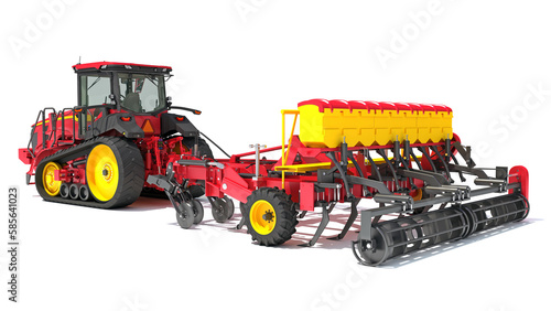 Farm Tractor with Seed Drill 3D rendering on white background