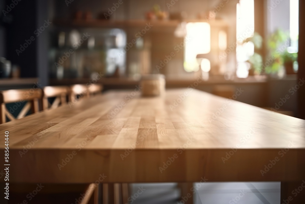 Empty wooden table surface, blur kitchen interior background. Generative AI Empty wooden table surface, blur kitchen interior background. Generative AI
