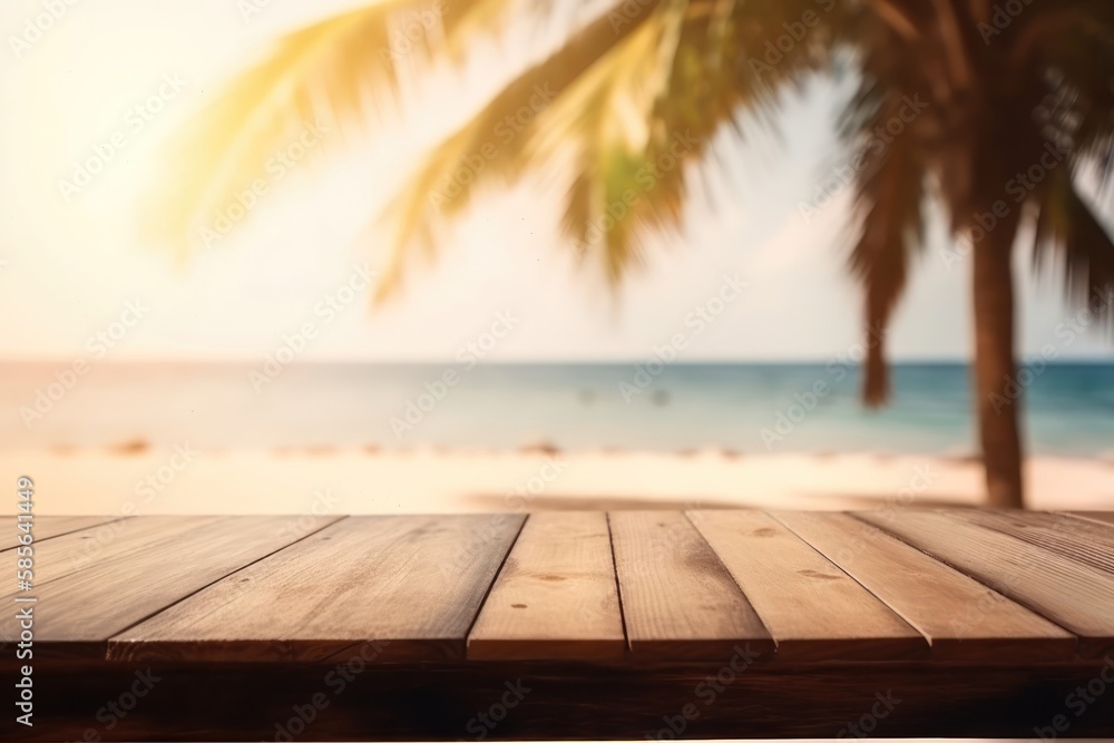 Empty wooden table, blur tropical beach with palm trees background, Generative AI