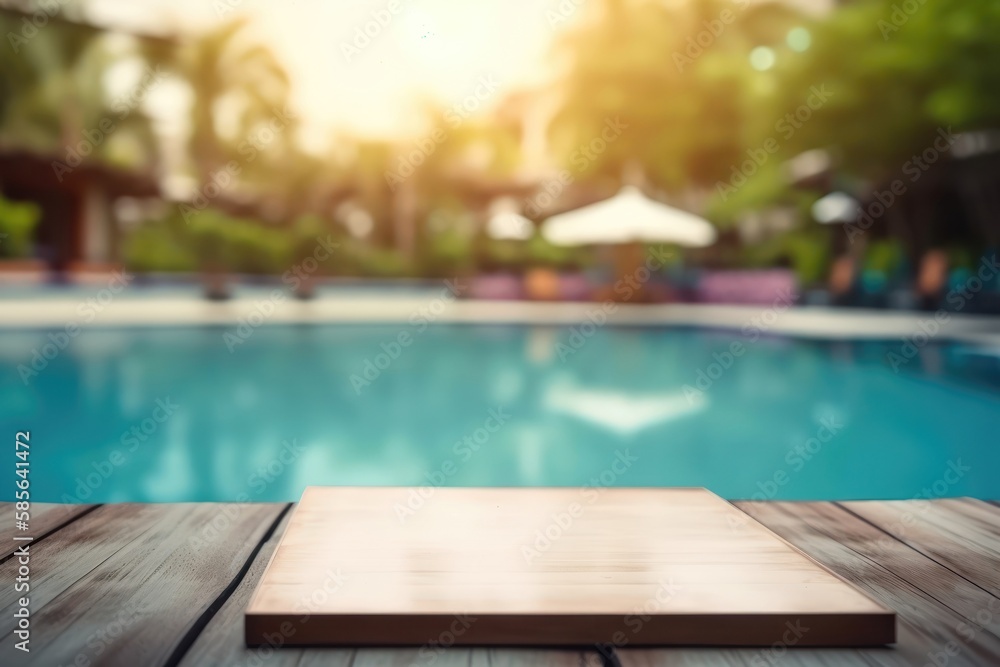 Empty wooden table in the pool. Summer vacation, Hotel bar restaurant. Generative AI