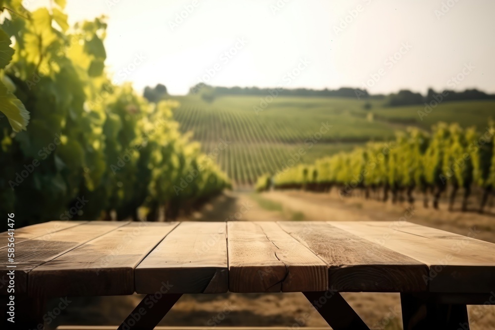 Wooden table in vineyard, Sunny day in nature. Template for product presentation. Generative AI
