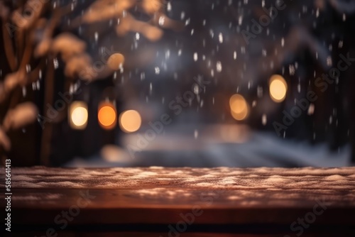 Empty wooden table  snow and bokeh lights background.  Christmas  Winter holiday template. Generative AI
