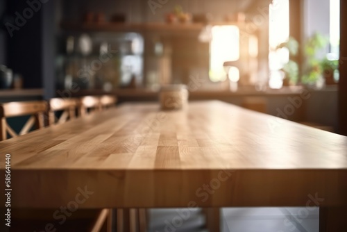 Empty wooden table surface, blur kitchen interior background. Generative AI