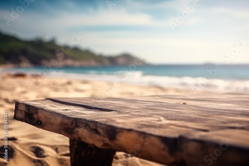 Empty wooden table, blur ocean and island beach background, Generative AI © Rawf8