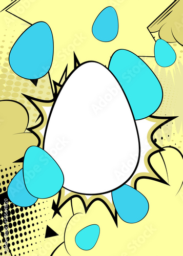 Comic Book White Easter on pastel green, yellow and blue background. Comics abstract holiday backdrop. Retro pop art style poster.