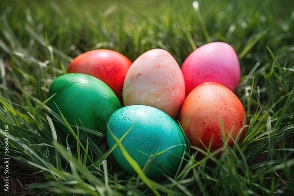 colorful Easter eggs nestled in green grass. Generative AI