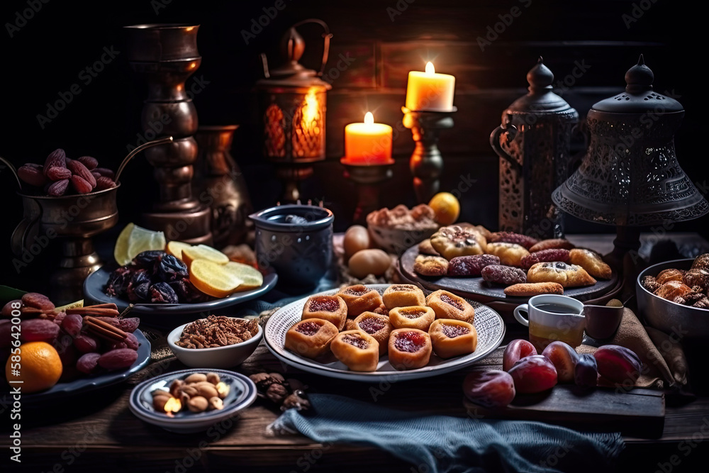 Ramadan iftars marks the end of fasting. Table with dates, Oriental food and sweets. Eid mubarak. Traditional Middle Eastern cuisine, evening meal, generative AI