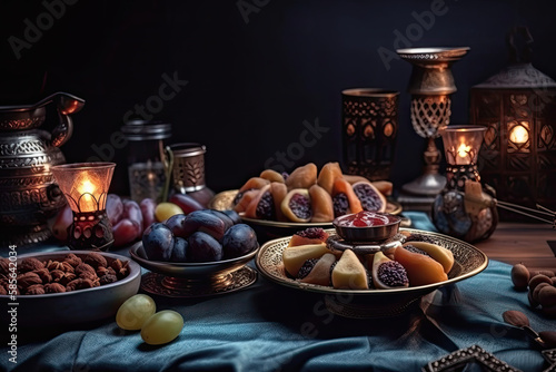 Ramadan iftars marks the end of fasting. Table with dates  Oriental food and sweets. Eid mubarak. Traditional Middle Eastern cuisine  evening meal  generative AI