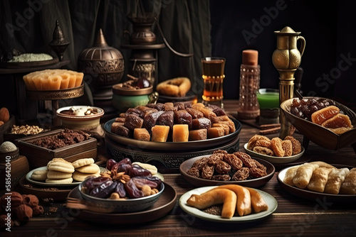 Ramadan iftars marks the end of fasting. Table with dates, Oriental food and sweets. Eid mubarak. Traditional Middle Eastern cuisine, evening meal, generative AI