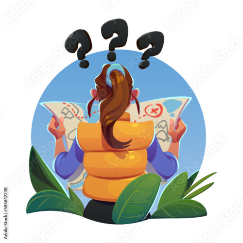 Girl tourist with map lost in travel. Back view of woman character reading map and question marks. Concept of vacation tour, journey, road trip, vector cartoon illustration