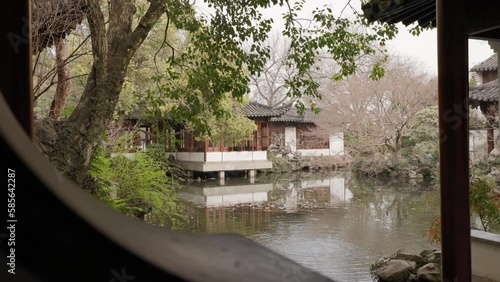 Close up shot of a traditional private villa in Guozhuang Garden, Xihu District, Hangzhou China