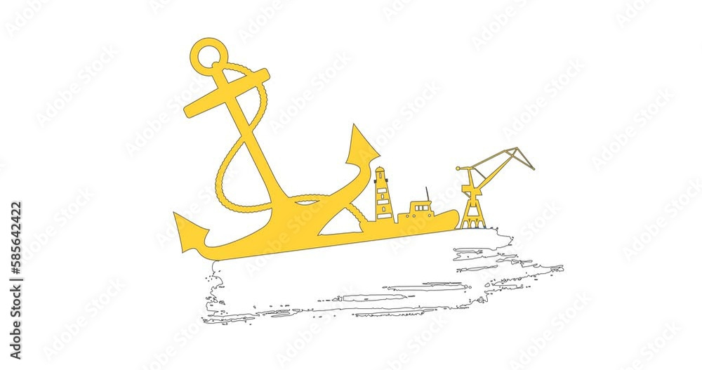 Anchor, lighthouse, ship and crane icons on brush stroke. Transportation industry of Ukraine
