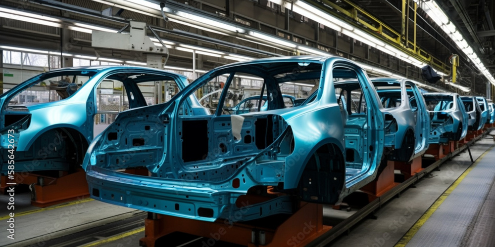 Car bodies are on assembly line factory for production of cars modern automotive industry a car being checked before being painted in a hightech enterprise Generative AI Car bodies are on assembly line factory for production of cars modern automotive industry a car being checked before being painted in a hightech enterprise Generative AI