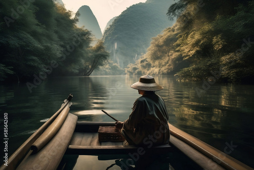 retired man fishing from boat at lake, generative ai