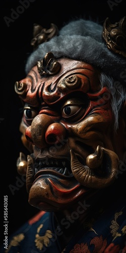 Portrait d'un guerrier portant un redoutable masque japonais Oni Demon © Merilno
