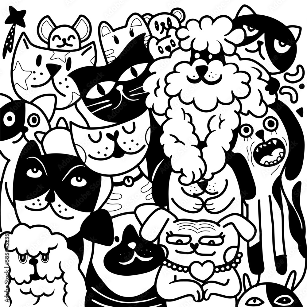 Animals. Cats and Dogs Vector pattern. Hand Drawn Doodles Pets