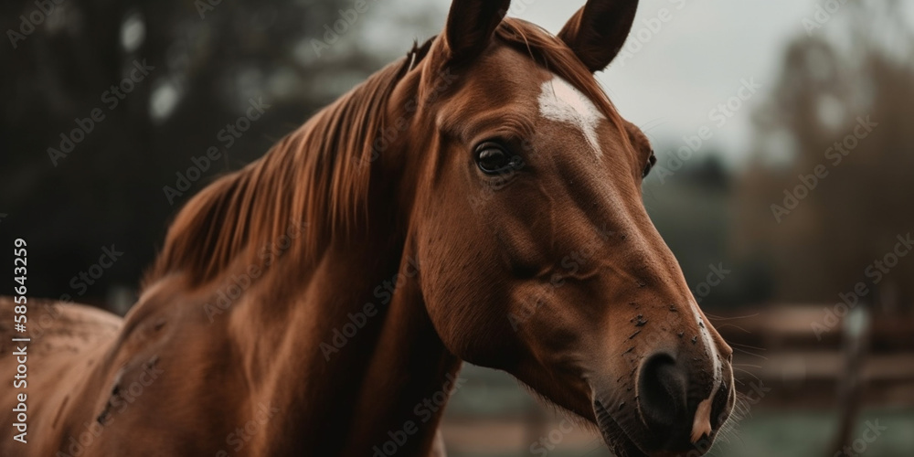 Closeup shot of a beautiful brown horse with a noble look standing on the field Generative AI