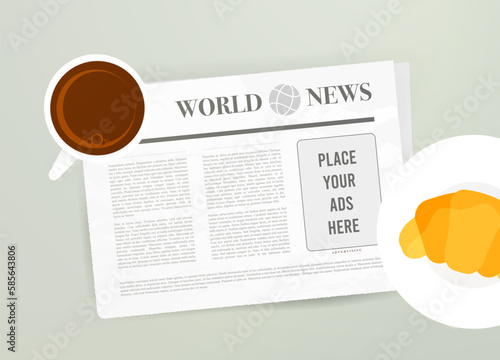 Advertising space on newspaper concept. Potential ad placement. Reading press at breakfast with cup of coffee and croissant. Increase brand visibility, attract new customers with print advertising