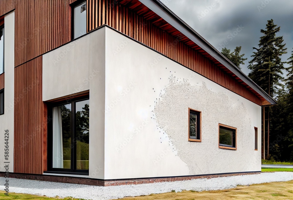 Modern house facade insulation under plastering, stucco and wood wall