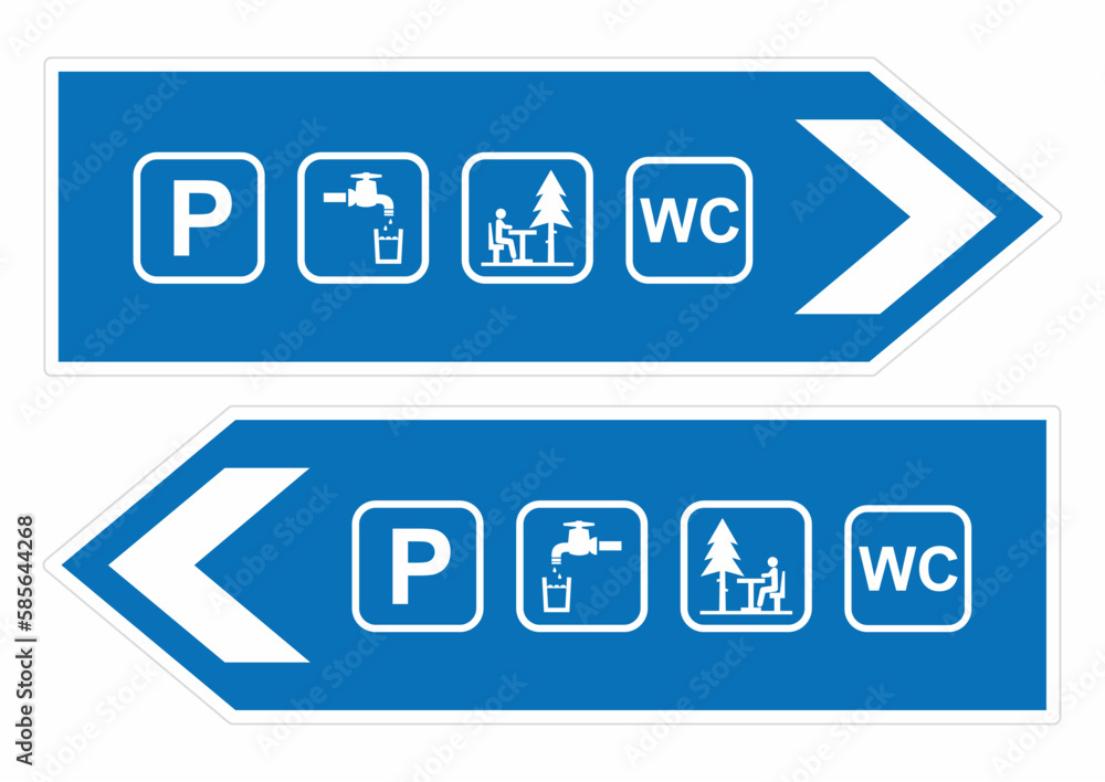 traffic signs, set, direction left, right, set icon, WC, rest area, drinking water, parking lot, vector traffic signs, set, direction left, right, set icon, WC, rest area, drinking water, parking lot, vector