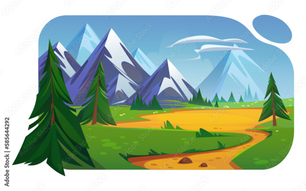 Mountain valley landscape with green fields, trees, road and clouds in sky. Summer scene of rocks range, meadows, pine trees and path, vector cartoon illustration Mountain valley landscape with green fields, trees, road and clouds in sky. Summer scene of rocks range, meadows, pine trees and path, vector cartoon illustration
