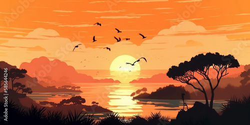 a sun rising over a the sea with a beautiful landscape in the foreground  birds flying over the scenery Generative AI