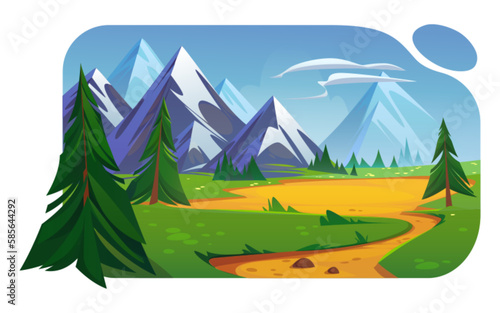 Mountain valley landscape with green fields, trees, road and clouds in sky. Summer scene of rocks range, meadows, pine trees and path, vector cartoon illustration