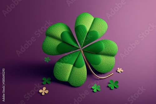 Festive four-leaf clover on purple background, generative ai