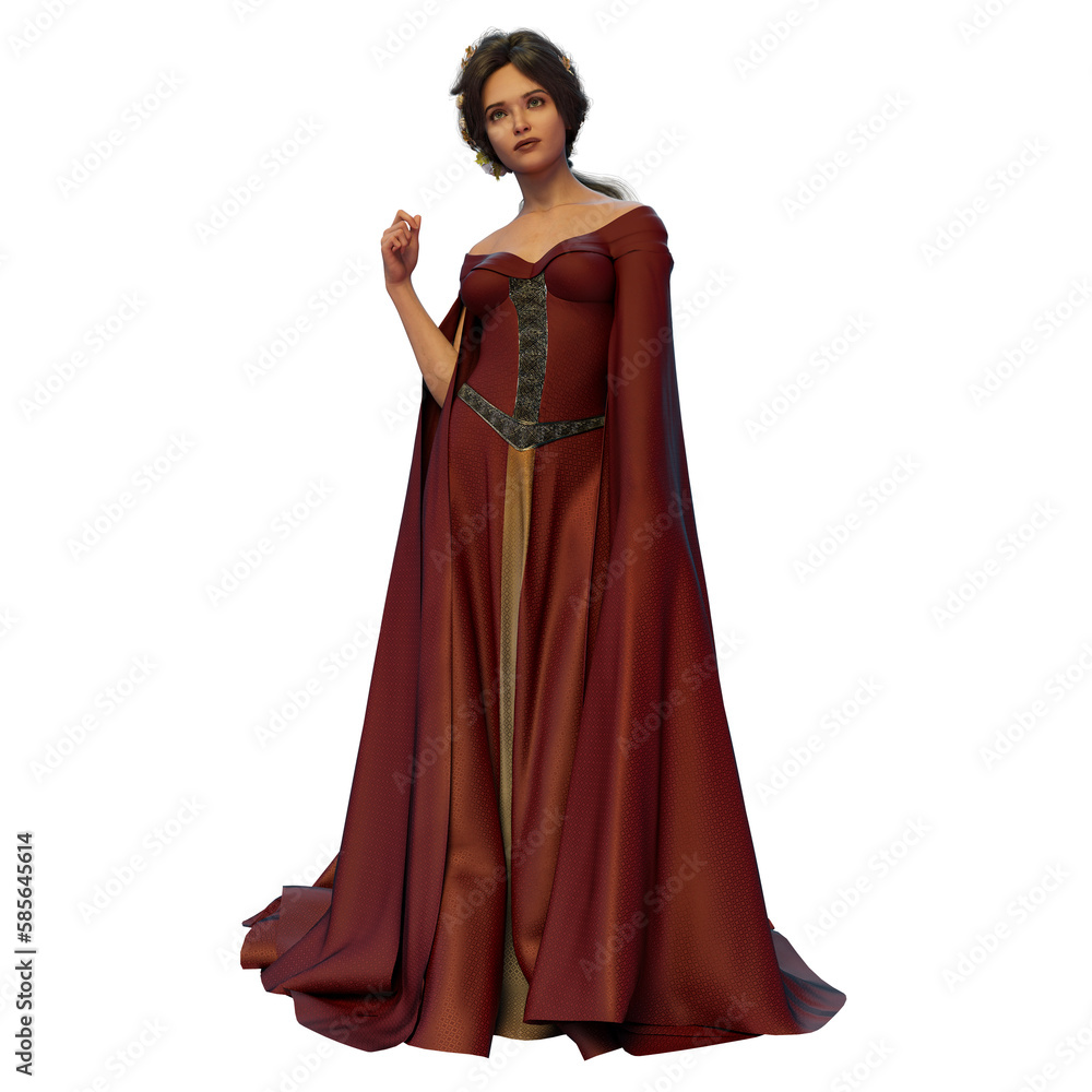 Medieval Fantasy Woman in Dress on Isolated White Background, 3D illustration, 3D Rendering
