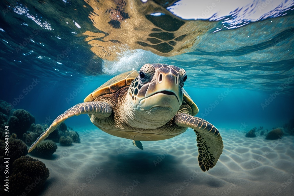 Obraz premium Portrait of a happy sea turtle swimming underwater with sunlight through water surface. Generative AI