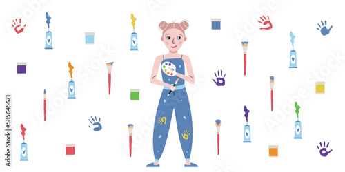 Flat vector painting tools in childish style. Hand drawn art supplies, paint brush, palm, kid with palette