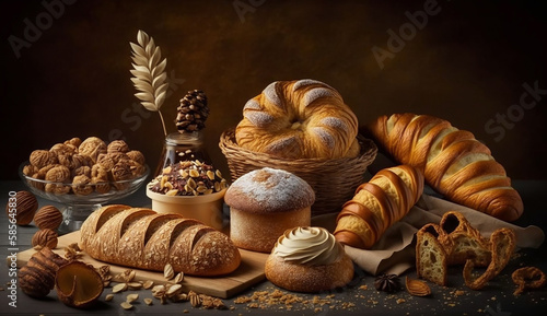 Various Freshly Baked Breads, Croissants and Pastries, Generative AI