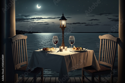 Night Romantic Interior For Two In Cruise Ship. Generative Ai
