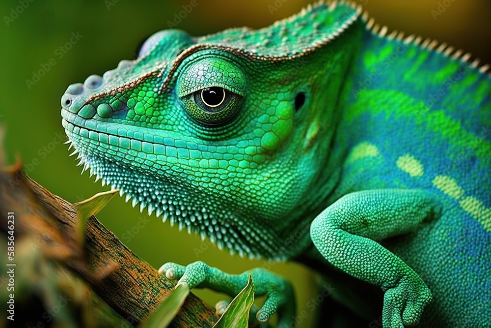 close up of a green color chameleon lizard on green background, generative ai close up of a green color chameleon lizard on green background, generative ai