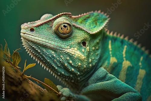 close up of a green color chameleon lizard on green background, generative ai © pham