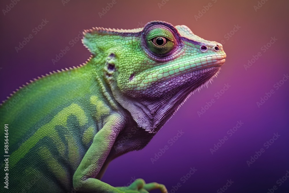 Fototapeta premium close up of a green color chameleon lizard on purple background, generative ai